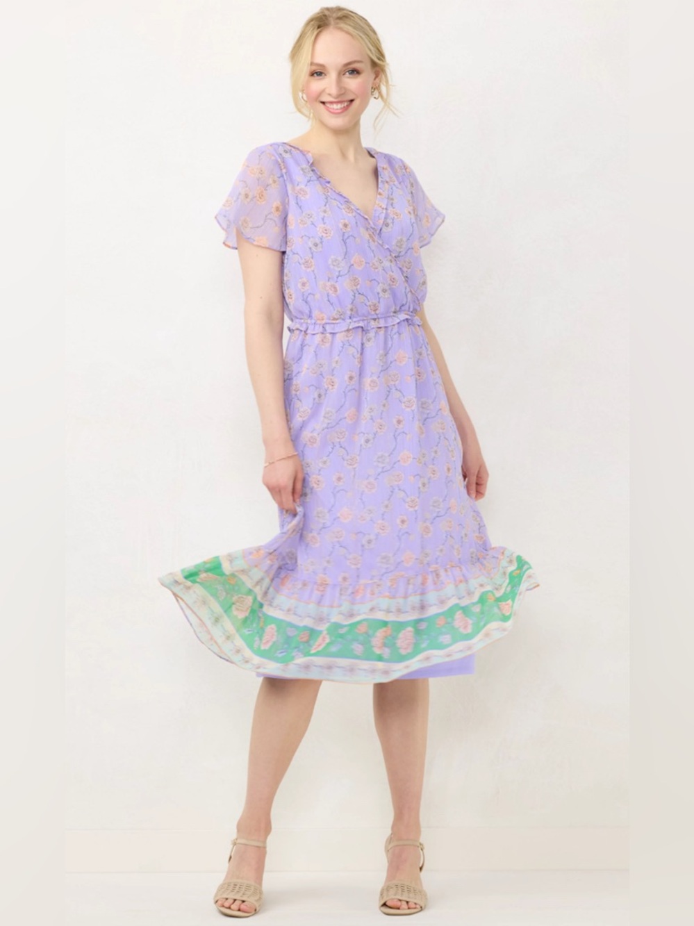 LC Lauren Conrad Flutter Sleeve Faux-Wrap Dress Romantic Ruffle Chiffon Size L